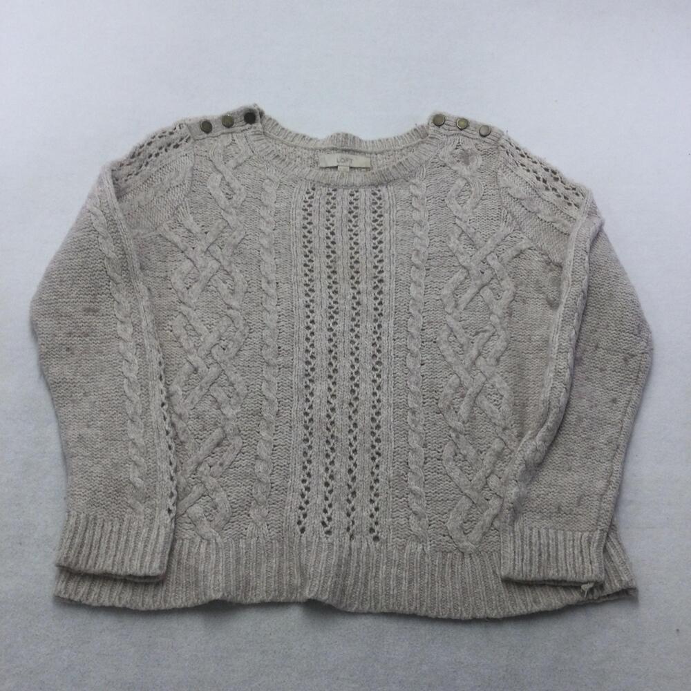 LOFT Sweater Womens XL Beige Cable Knit Crew Neck Button Shoulder Pullover Knit